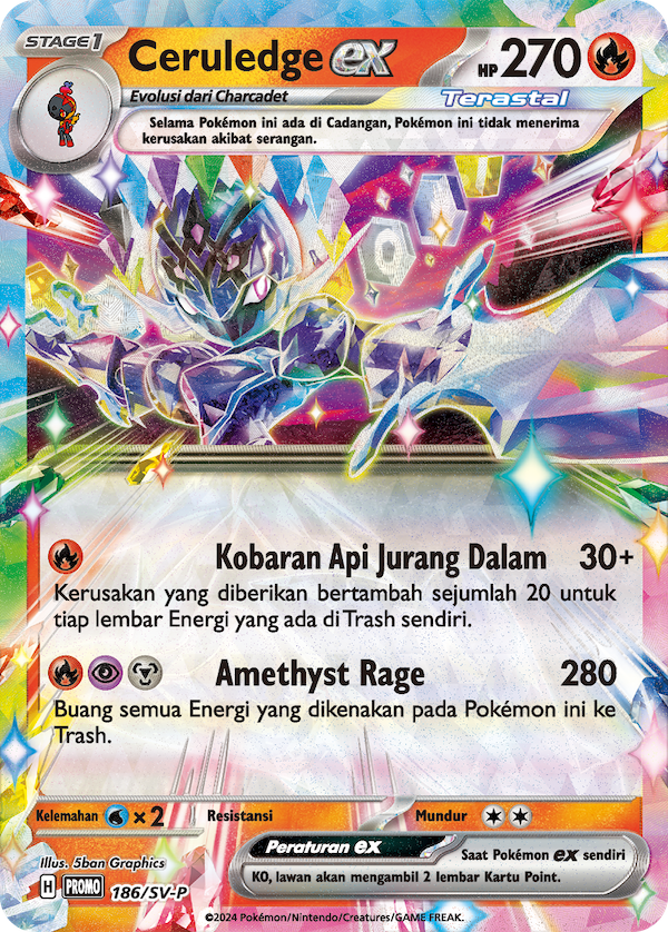 [R] Abyssal Flame: 30+ damage. This attack does 20 more damage for each Energy card in your discard pile. / [R][P][M] Amethyst Rage: 280 damage. Discard all Energy from this Pokémon.