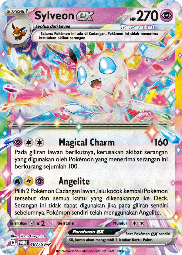 [P][C][C] Magical Charm: 160 damage. During your opponent’s next turn, this Pokémon takes 100 less damage from attacks used by the Defending Pokémon (after applying Weakness and Resistance). / [W][L][P] Angelite: Choose 2 of your opponent’s Benched Pokémon. They shuffle those Pokémon and all attached cards into their deck. If 1 of your Pokémon used Angelite during your last turn, this attack can’t be used.
